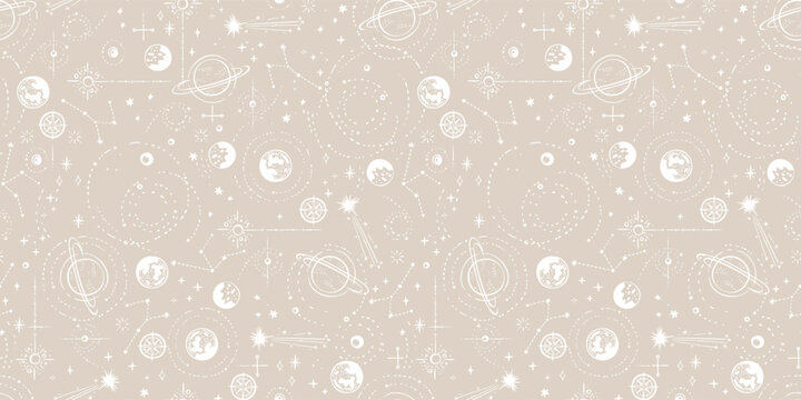 Seamless hand drawn boho pattern, mystical sky, background for tarot, astrology, esoteric - great for textiles, banners, wallpapers - vector