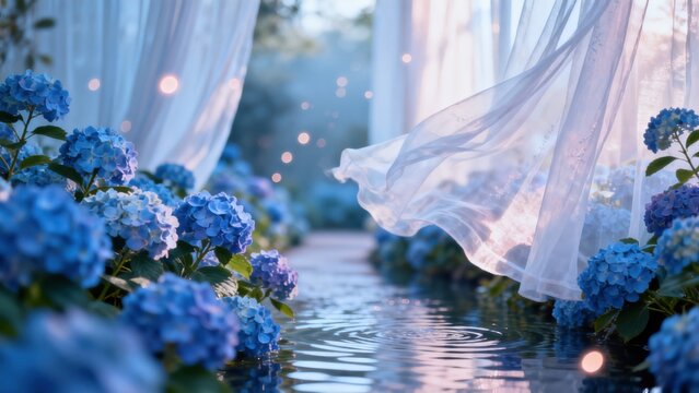Blue hydrangeas by water with sheer curtains