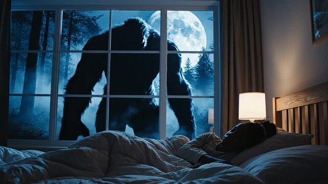 Giant silhouette monster looms outside moonlit bedroom window at night