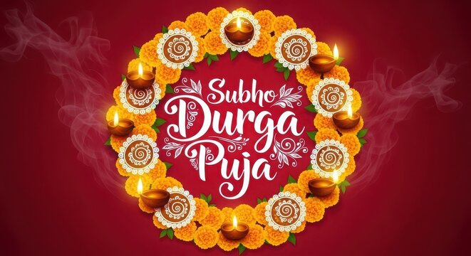 Decorative design featuring marigold flower garland with traditional oil lamps for festival of subho durga puja event.