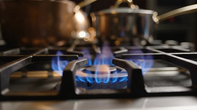 Blue gas flame on stove burner in a kitchen environment