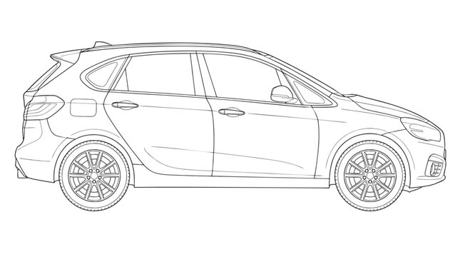 Modern Car Side Profile Vector Illustration - Compact Hatchback or MPV Line Art Drawing for Automotive Technical Diagrams, Vehicle Coloring Pages, and Minimalist Design Projects