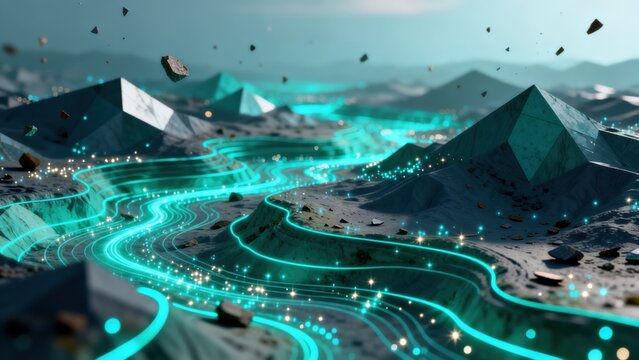Futuristic glowing landscape with geometric mountains
