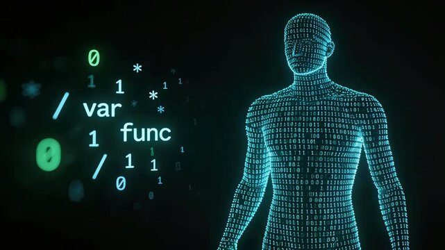 Human figure composed of binary code
