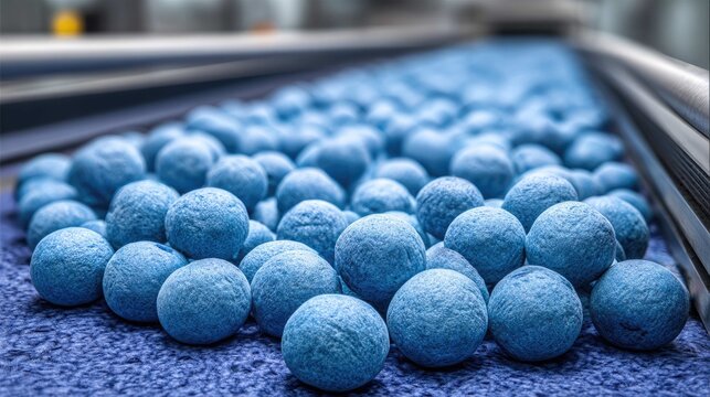 Blue Round Balls on Conveyer Belt in Industrial Setting, Close-Up Detail of Manufacturing Process and Production Line