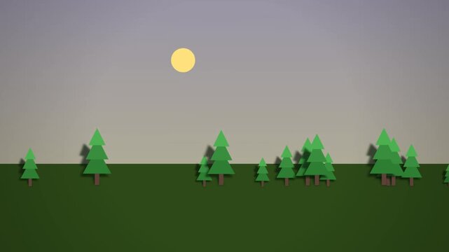 Low poly pine tree forest landscape shadow time lapse at sunset