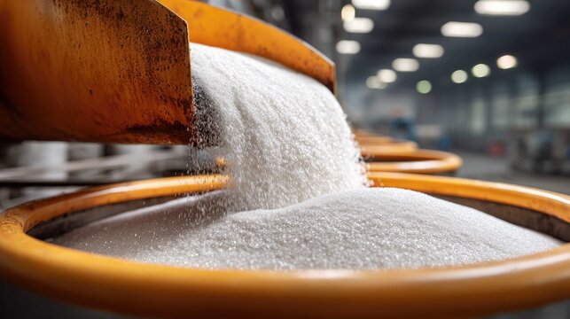 Sugar granules flowing from a chute into large containers in a bright industrial sugar factory setting
