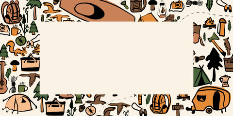 Fototapeta premium Camping and tourism. Vector illustration of a banner, frame in a doodle style, freehand. 