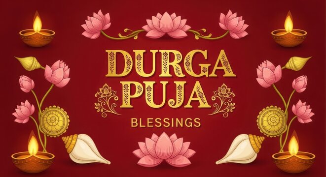 Beautiful durga puja blessings poster with diya lamps lotus flowers and conch shells on rich red textured ground.