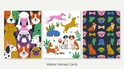 Fototapeta premium Colorful Vector Illustrations of Diverse Dog Breeds Featuring Portraits, Full Body Poses, and a Seamless Bone Pattern Set