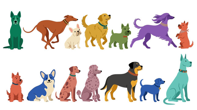 Diverse Collection of Colorful Cartoon Dogs and Breeds Illustration on White Background