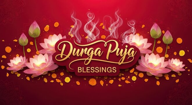 Durga puja blessings text with pink lotus flowers and incense smoke on dark red textured background graphic art.