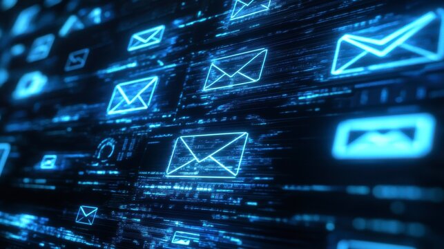 Abstract digital background with glowing email icons and binary code.
