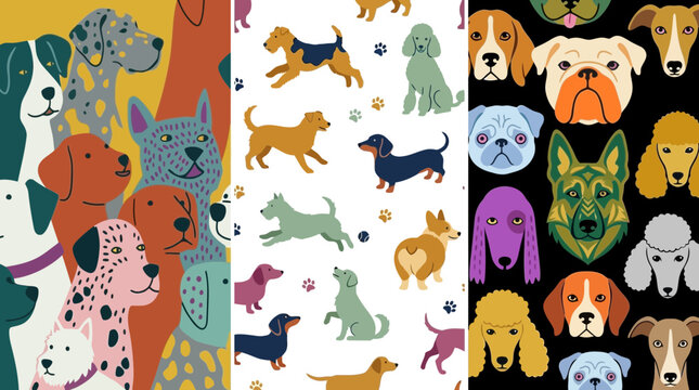 Three artistic dog breed pattern backgrounds with colorful illustrations of diverse dogs for textile and graphic design projects.