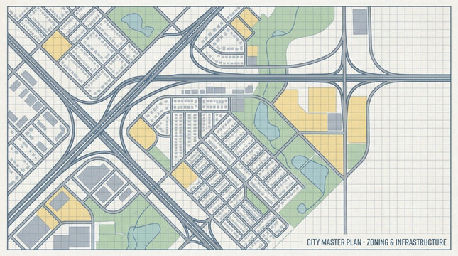 Aerial view of a complex urban planning map with roads and zoning areas.