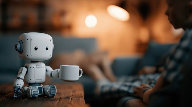 Robot bringing tea for customer indoors, human and robot