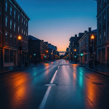 Evening City Street Scene with Buildings and Lights.