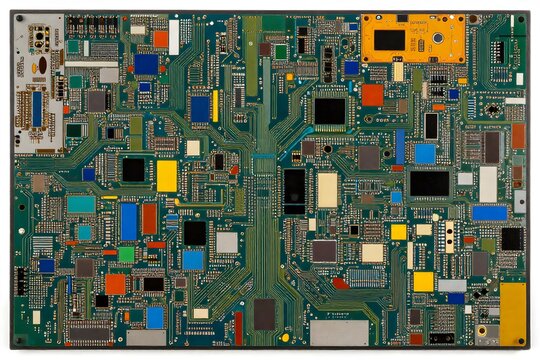 Top view of complex electronic circuit board and semiconductor chips, technology and hardware concept