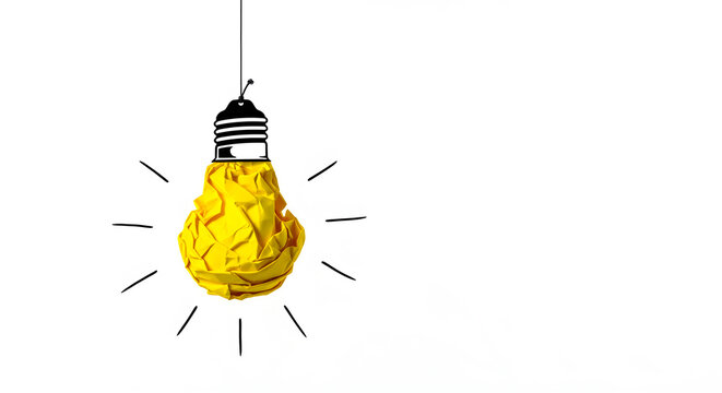 Creative yellow crumpled paper light bulb hanging as a symbol of inspiration and innovation in this bright studio photograph showing a unique concept for generating brilliant new ideas and solutions.