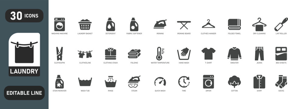 Laundry cleaning and washing icons set. Editable line vector illustrations. Contains linear outline icons like clothing stack, clothespin, clothesline, folding, water temperature.