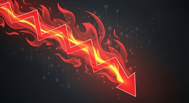A blazing red arrow descends sharply downward amidst flames on dark background.
