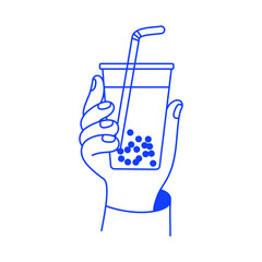 Plakat Vector hand drawn illustration with hand holding glass with bubble tea, emblem and logo for cafe and coffee spot