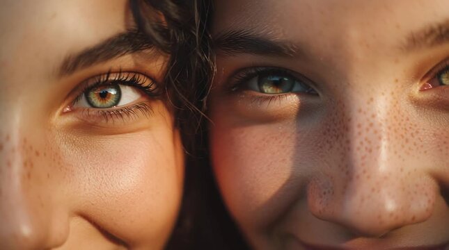 Close up face of young human person with green eye, freckle skin, natural light, soft shadow, portrait photography, facial feature and skin texture