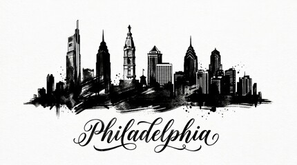 Obraz premium Philadelphia skyline silhouette featuring Comcast Technology Center and City Hall, detailed black and white ink artwork, beautiful hand-lettered typography below reading 