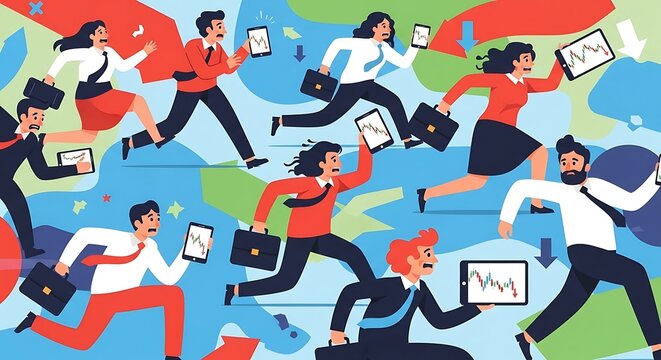 Business professionals are running with documents on a global map background