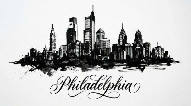 Philadelphia skyline silhouette featuring Comcast Technology Center and City Hall, detailed black and white ink artwork, beautiful hand-lettered typography below reading "PHILADELPHIA"