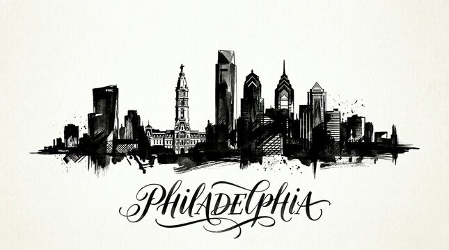 Philadelphia skyline silhouette featuring Comcast Technology Center and City Hall, detailed black and white ink artwork, beautiful hand-lettered typography below reading "PHILADELPHIA"