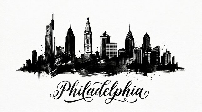 Philadelphia skyline silhouette featuring Comcast Technology Center and City Hall, detailed black and white ink artwork, beautiful hand-lettered typography below reading "PHILADELPHIA"