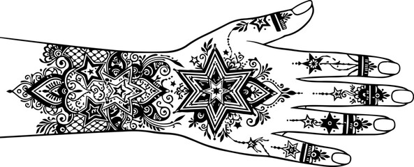 Obraz premium Intricate Mehndi Hand Vector Illustration with Floral and Geometric Henna Design
