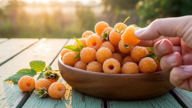 Golden raspberries in a wooden bowl with a hand picking fruit on a weathered table at sunrise. fresh summer harvest and rustic outdoor food scene.