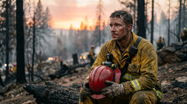 Exhausted firefighter in uniform holding helmet amidst a burnt forest landscape at sunset