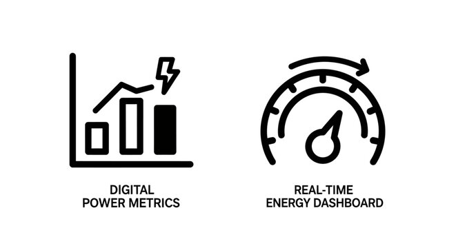 Digital power metrics bar chart and real-time energy dashboard icons
