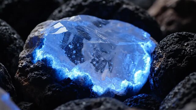 A luminous, jagged crystal emits a radiant blue glow amidst dark, textured stones in a close-up view