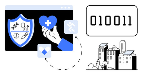 Fototapeta premium Digital healthcare, cybersecurity, smart cities, sustainability, health technology, renewable energy. A shield with medical symbols, a heart and a solar-powered cityscape. Digital healthcare