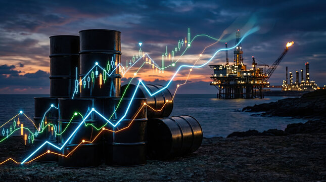 Oil barrels with stock market graph and oil rig background concept. Oil barrels with rising market graph and offshore platform backdrop.