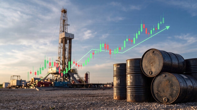 Oil barrels with stock market graph and oil rig background concept. Oil drilling rig and barrels with rising market graph overlay.