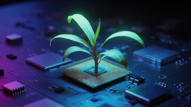 A small green plant growing out of a computer processor chip