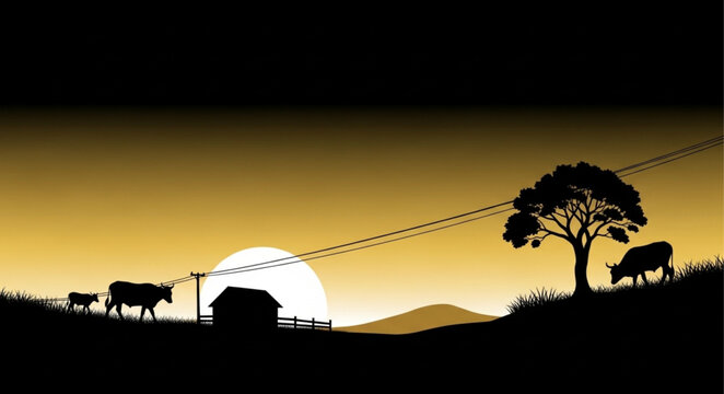 Silhouette of cows grazing in a field at sunset.