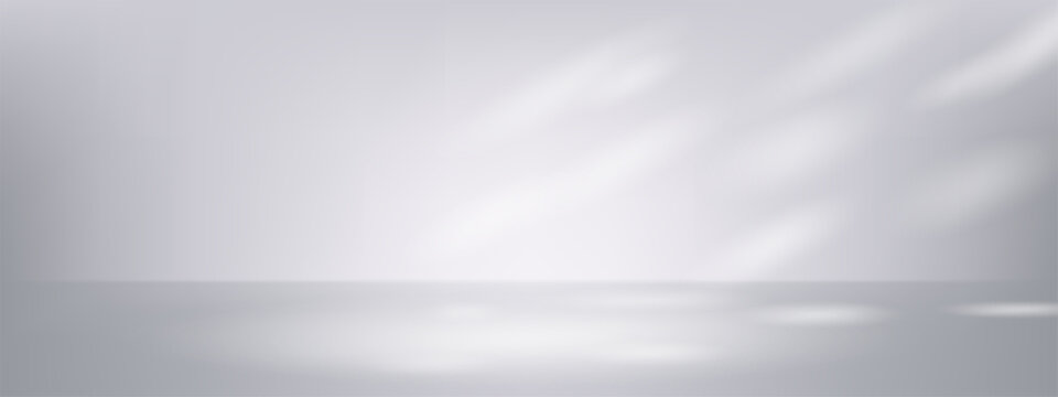 White background with limbo light on studio floor. Abstract empty grey backdrop scene with silver interior for stand. Popular nature window sunlight and ray on concrete elegant kitchen stage layout
