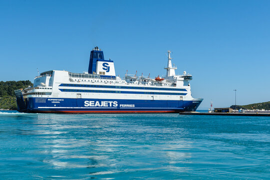 SKIATHOS, GREECE &ndash; 06 may 2026: The Seajets vessel SUPERSTAR II departs Skiathos Town Port en route to the Sporades islands and Volos, in Skiathos, Greece.