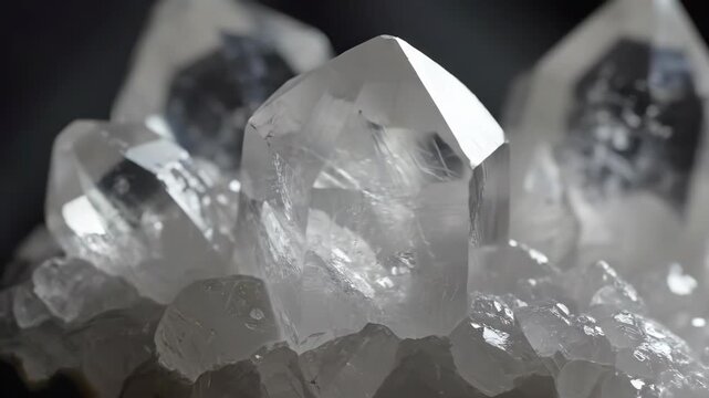 Sparkling clear quartz crystals cluster on a dark background highlighting their sharp edges and clarity
