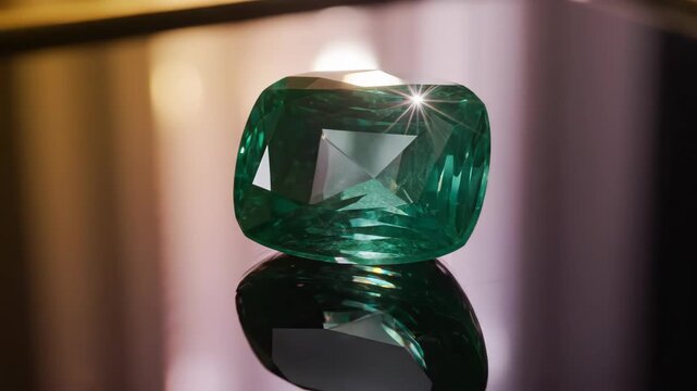 Emerald gemstone on a reflective black surface with soft light bokeh creating a luxurious ambiance