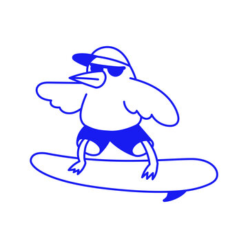 Vector hand drawn doodle cartoon illustration, surfer mascot character, sporty surfing figure riding a wave, playful creative modern sketch design for branding, advertising, t-shirt prints