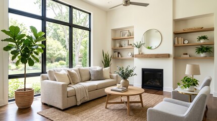 Fototapeta premium Modern living room sofa arranged near large window