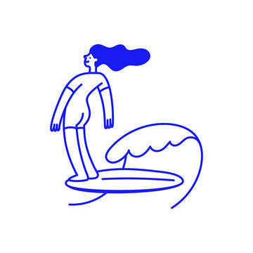 Vector hand drawn doodle girl cartoon illustration, surfer mascot character, female, sporty surfing figure riding a wave, playful creative modern sketch design for branding, t-shirt prints