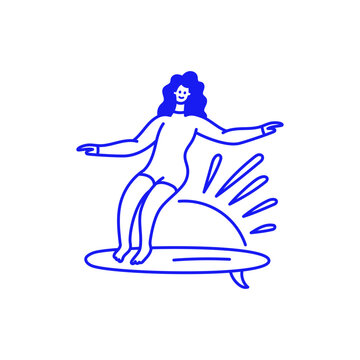 Vector hand drawn doodle girl cartoon illustration, surfer mascot character, female, sporty surfing figure riding a wave, playful creative modern sketch design for branding